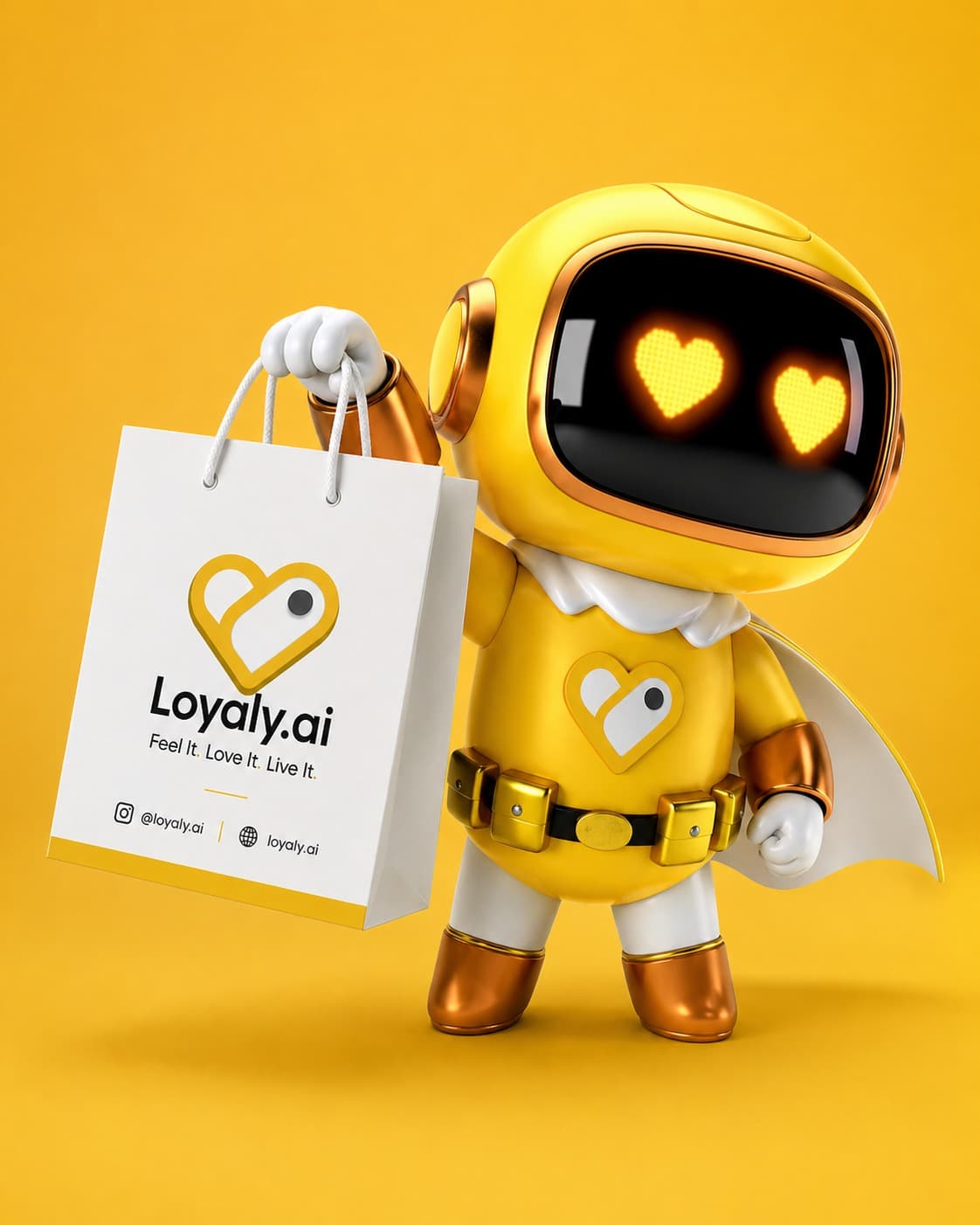 The Loyaly.ai mascot holding a Loyaly.ai shopping bag